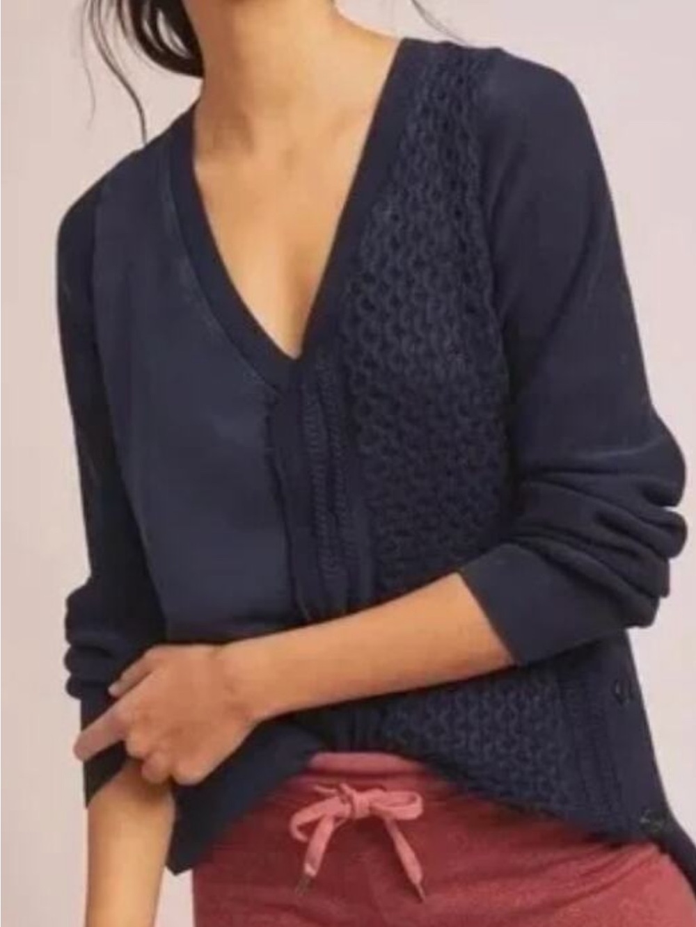 Anthropologie V-Neck Navy Cable Knit Women's Sweater
